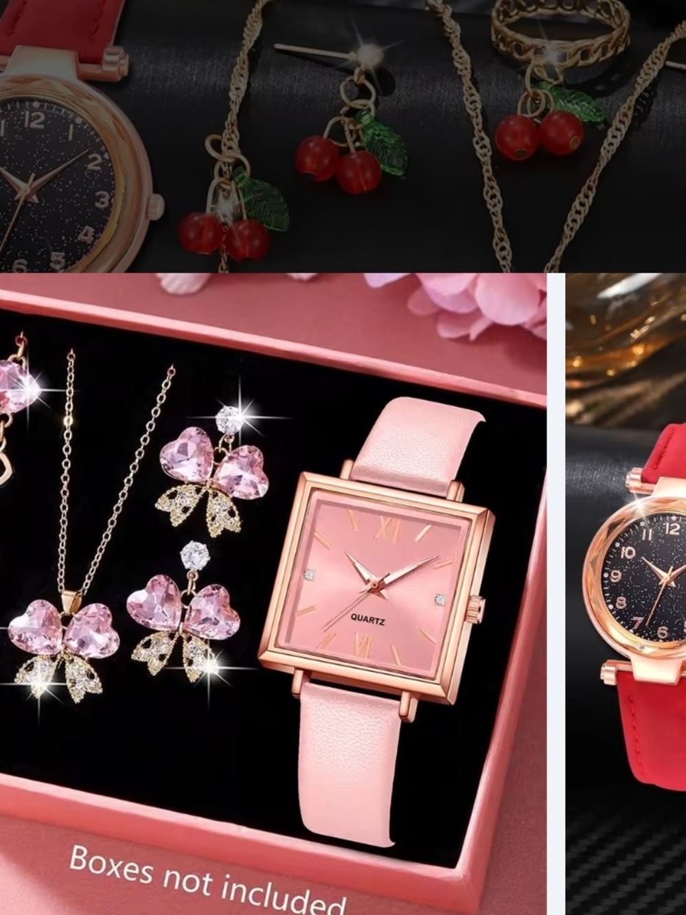 Pink Square Dial Women's Watch and Jewelry Set - Quartz